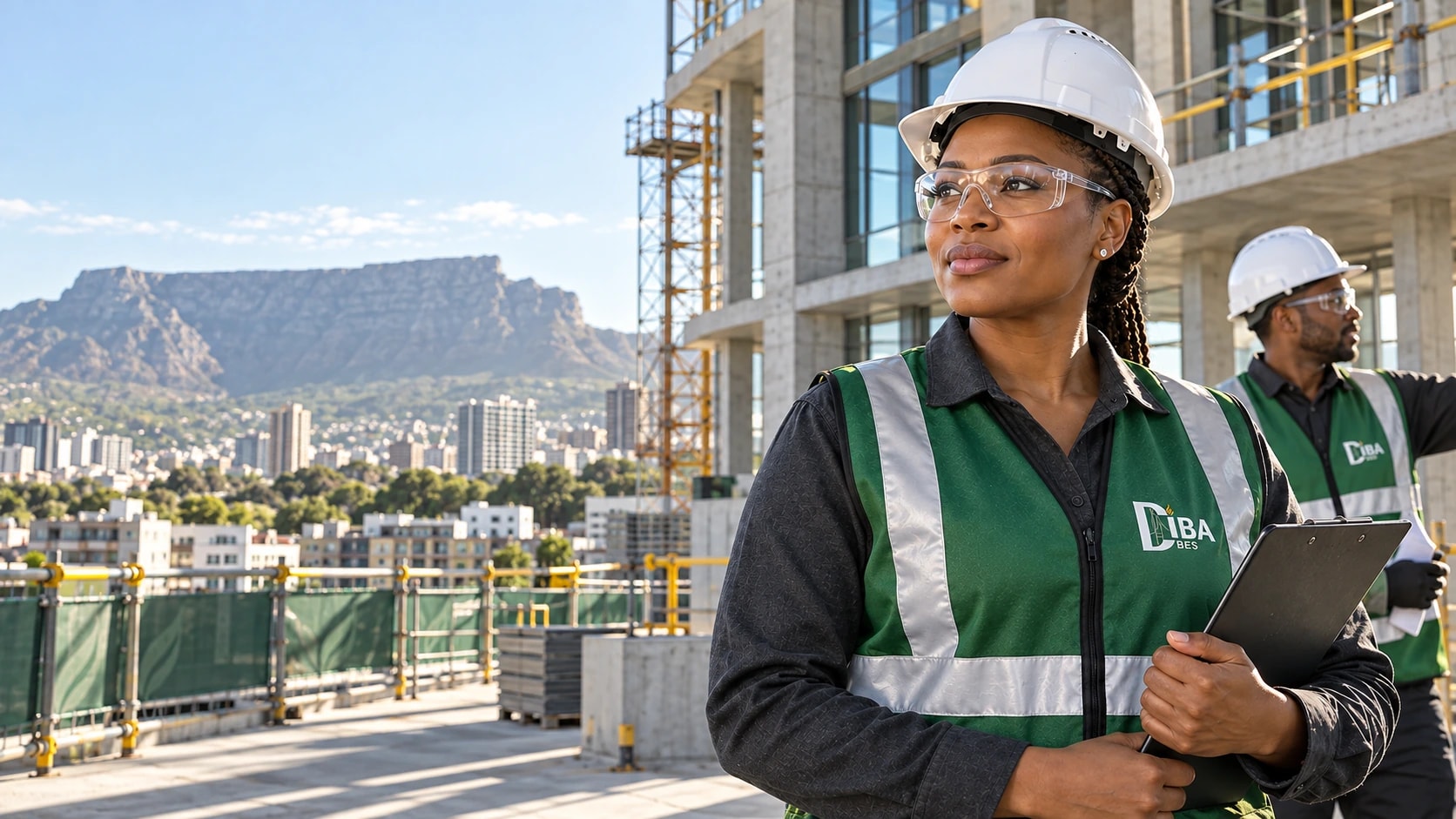 Diba-branded safety consultants with helmets and a clipboard at a commercial building site