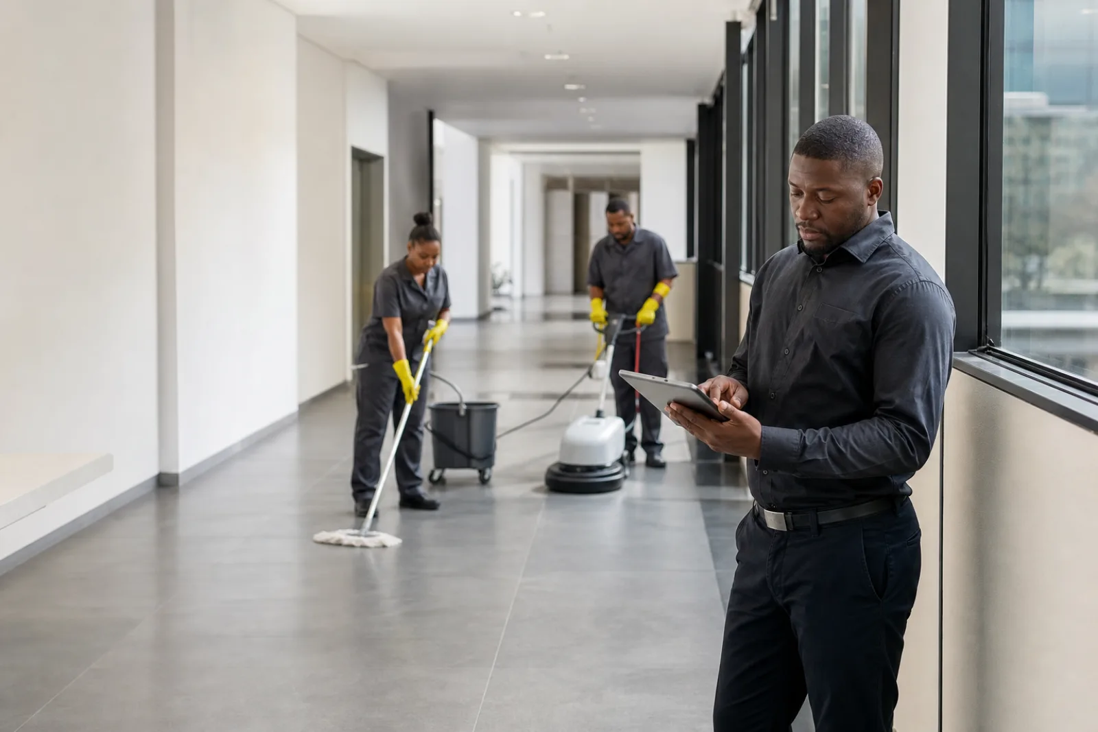 A facilities supervisor reviewing commercial cleaning work in a business environment