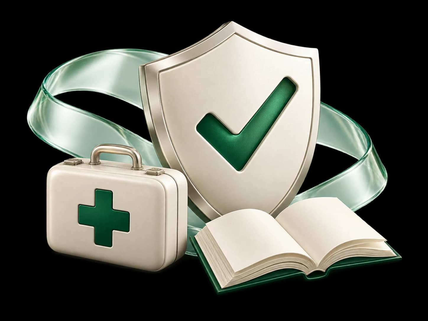 A safety shield, first-aid case and training manual linked by a green ribbon